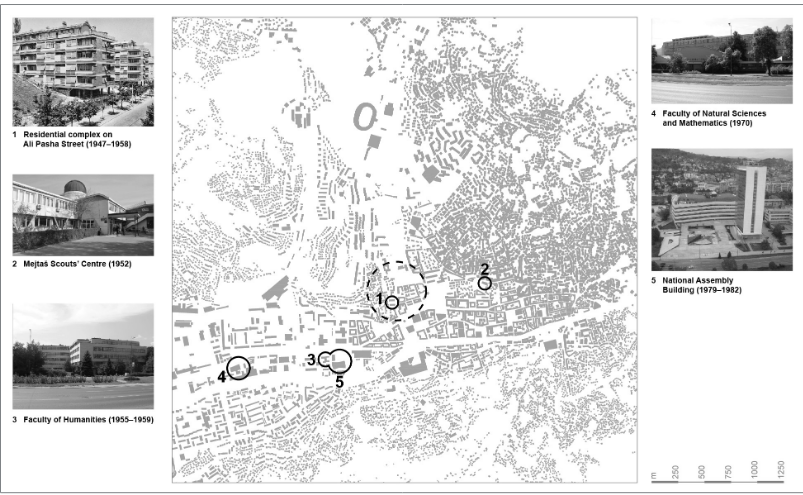 Figure 3: Neidhardt’s prominent works mapped in Sarajevo’s city centre (source: authors; photos: Wikimedia Commons, Flickr Creative Commons, and museuminexile.com/index.php/neidhardt).